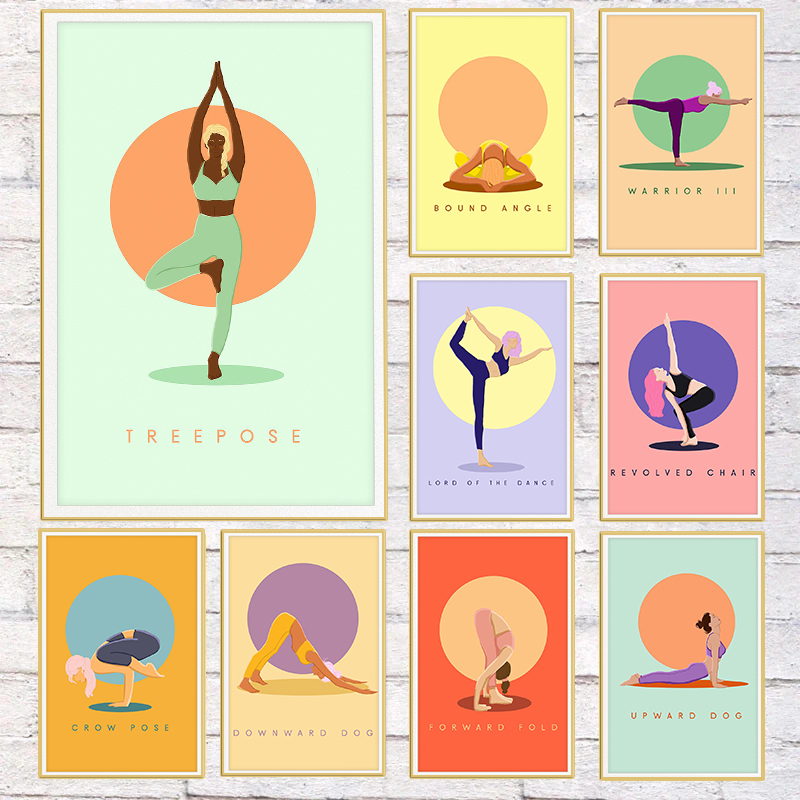 Home Gym Yoga Room - Modern Soyut Yoga Pozları Posteri Renkli